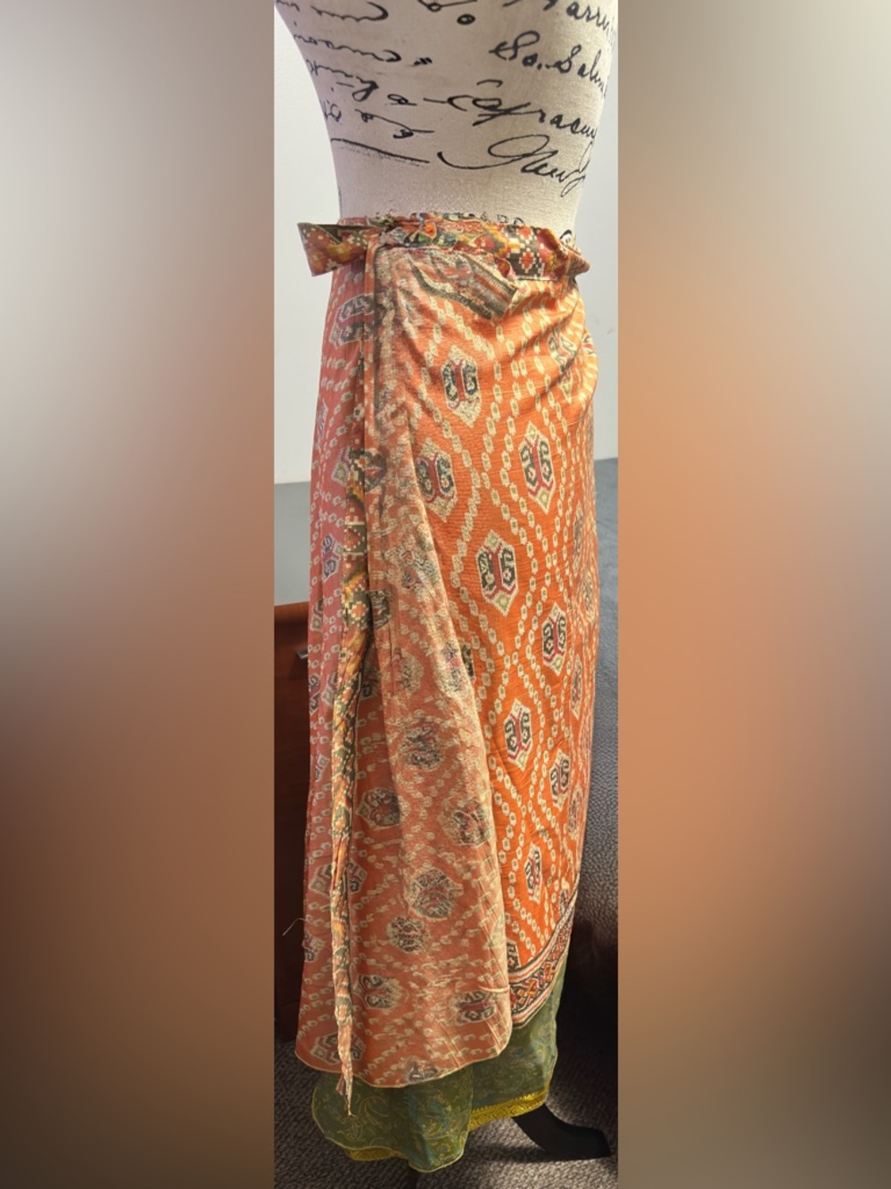 Boho Wrap Skirt in Warm Orange Ikat - Picture 5 of 12